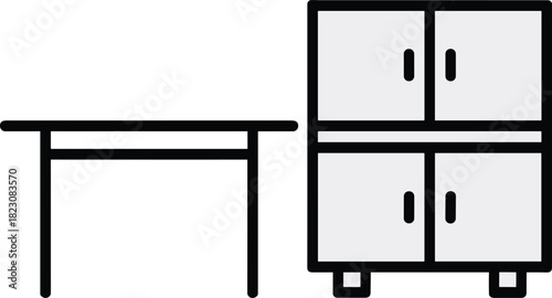 Grey storage cabinet and table vector illustration, flat furniture icon set with cupboard and desk isolated on white background for interior design