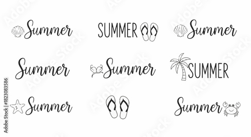 Black and white summer themed graphics. The word Summer is stylized, with small icons like seashells, flip-flops, starfish, crabs, and palm trees added.