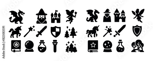Silhouette fantasy icons collection: dragons, wizards, castles, fairies, unicorns