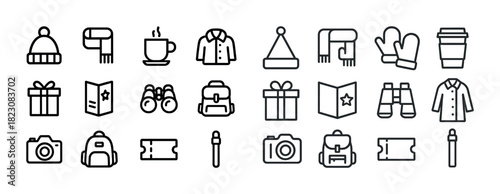 Winter clothing and travel icons: hat, mug, shirt, backpack, camera, ticket