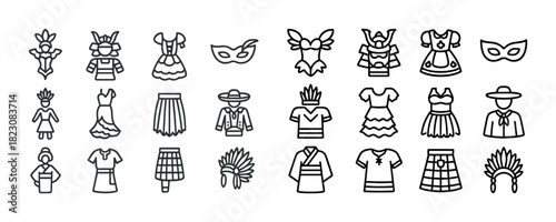 Traditional folk costumes and masks icons set