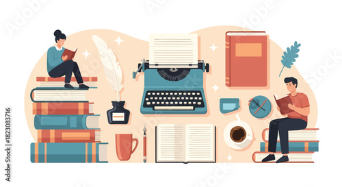 Illustration of writers & readers surrounded by writing tools & books. Vintage typewriter, inkwell, quill pen, stacks of books, people reading, cozy atmosphere.