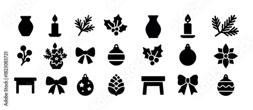 Silhouette icons of christmas decorations: candles, pinecones, holly, bows, and ornaments