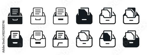Set of iconic document drawer symbols in black and white