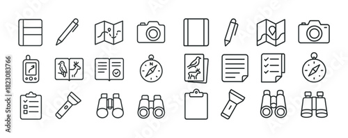 Outlined camping and adventure icons for exploration and outdoor activities