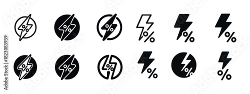 Set of energy and percentage icons with lightning bolt designs