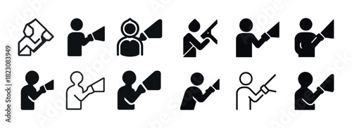 Set of protest icons: megaphones, raised fists, diverse styles for activism and advocacy