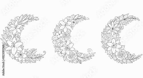 Three crescent moon shapes, each filled with detailed floral designs in grayscale, featuring roses, lilies, and various leaves, creating elegant decorative elements.
