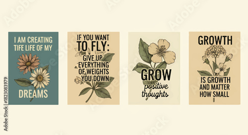 Four posters with floral illustrations and inspirational quotes about growth, dreams, and positivity. Muted color palette.
