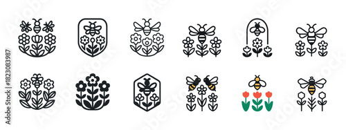Bee and flower outline icons set: nature, floral, honey, spring symbols