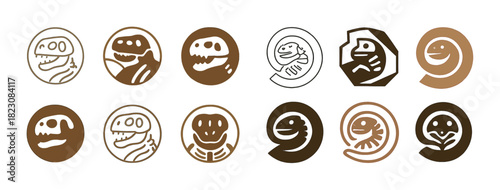 Diverse dinosaur icon set in circular designs with brown tones