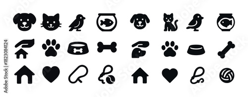 Pet-themed icons: dogs, cats, birds, fish, accessories, toys, and houses