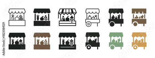 Set of colorful market stall icons featuring fruits and vegetables
