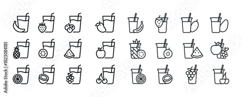 Icon set of fruit juices with citrus, berry, and melon elements