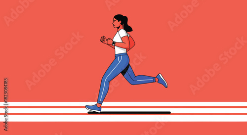 Illustration of a woman running with a determined expression, wearing athletic attire, against a coral background. A black shadow adds depth.