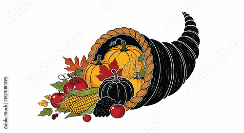 A cornucopia overflowing with fall harvest foods: pumpkins, apples, corn, grapes, and autumn leaves. Represents abundance, Thanksgiving, and the autumn season.
