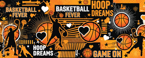 Basketball themed design with players, balls, hearts, stars, and motivational phrases in black and orange on a patterned background.