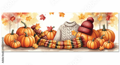 Cozy autumn scene with pumpkins, a cable knit sweater, a plaid scarf, and a knitted hat. Autumn leaves in shades of yellow, orange, and red add warm tones.