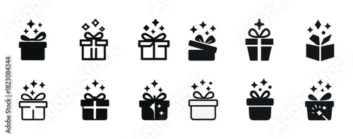 Set of gift box icons with sparkles and ribbons in black and white