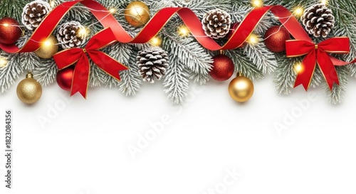 Christmas tree branches adorned with red ribbons, pine cones, and festive ornaments against a white background.