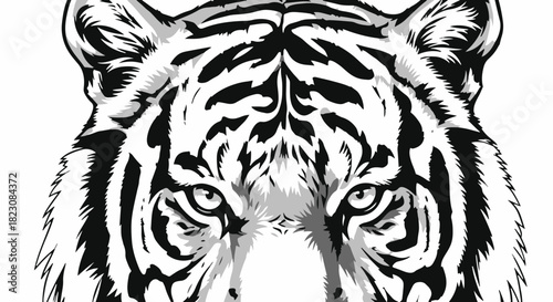 Striking black and white vector illustration of a tiger's face. Detailed stripes and intense gaze create a powerful and graphic image.