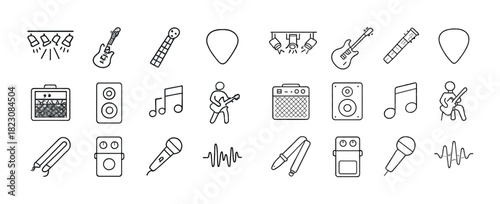 Music line icons set: guitar, microphone, notes, amplifiers, pedal