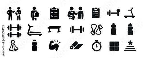 Gym equipment icons: treadmill dumbbell stopwatch training symbols collection