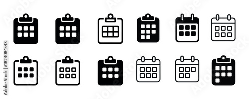Collection of various calendar icons in black and white
