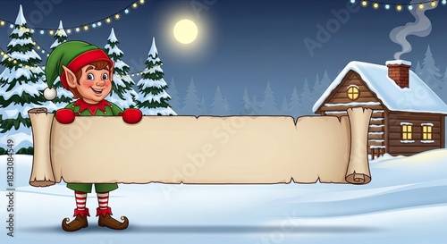A cartoon elf holding a large scroll in a snowy, winter landscape with a cabin and Christmas lights.