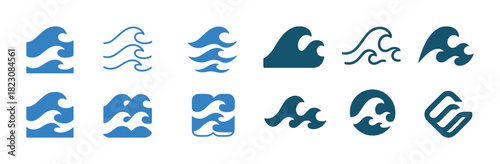 Collection of stylized wave icons in various blue designs