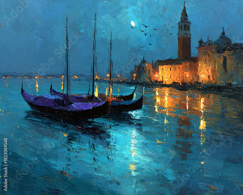 Moonlit Serenity Gondolas in Venice Painting Reflecting on Tranquil Waters