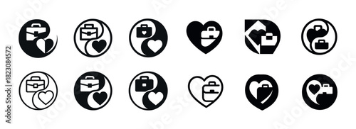 Set of business and heart icon logos in black and white