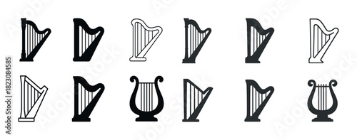 Variety of harp and lyre icon designs in black and white
