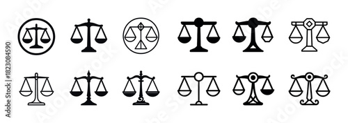 Set of ten diverse scale icons representing justice and balance