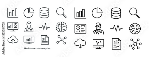 Healthcare data analytics icons: charts, doctors, technology