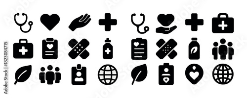 Black medical and healthcare icons set: stethoscope, heart, hand, cross, medicine, family