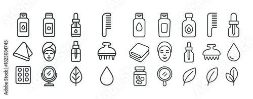 Collection of skincare and beauty icons including bottles, comb, leaves, and mirror