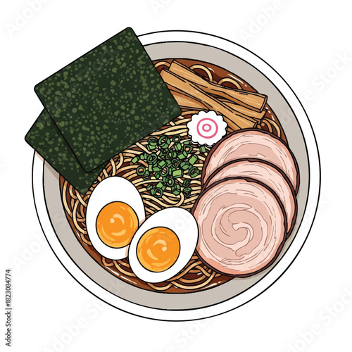 A steaming bowl of ramen noodles with slices of meat, boiled eggs, seaweed, and green onions on a clean white background, in a flat lay composition with vibrant colors.