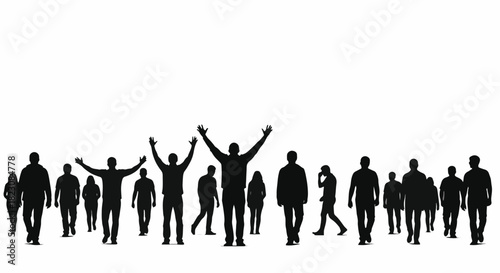 Silhouette of a crowd of people. Some figures have arms raised, suggesting celebration or excitement. Isolated against a white background.