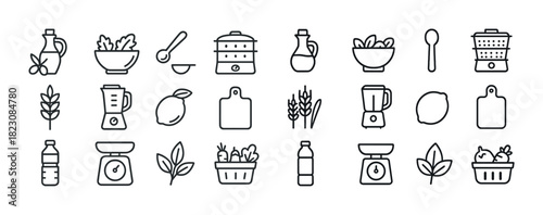 Line icon set of kitchen and cooking utensils with food elements