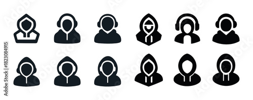 Set of hoodie icons: monochrome silhouettes with headphones and hooded figures