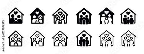 Family home icons with heart symbols in black and white