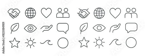 Minimalist icon set featuring communication, nature, and global symbols