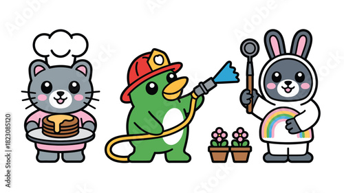 Sweet cartoon chef firefighter artist trio