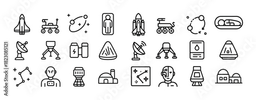 Collection of space travel icons representing exploration and discovery technologies