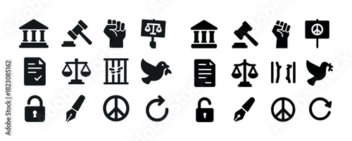 Law and justice icons featuring balance scales, gavel, peace symbol, and freedom themes
