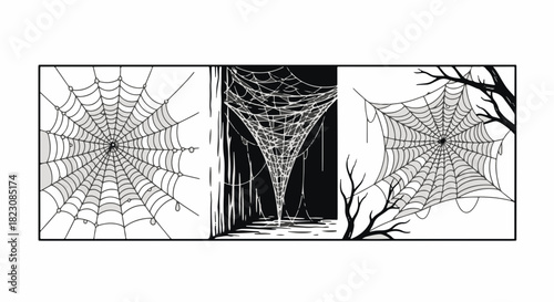 A triptych of black and white illustrations featuring different spiderweb styles. One is circular, another conical, and the third nestled between branches.