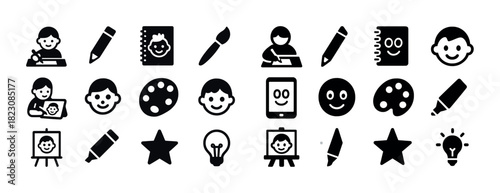 Creative education icons: drawing, painting, digital art tools for kids