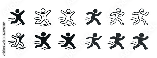 Set of running stick figures icons in black and white