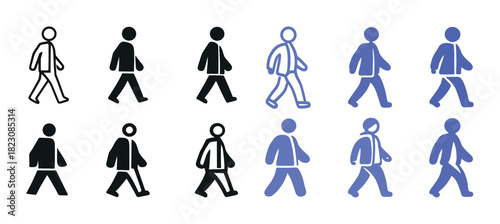Silhouette and outline of walking figures in various styles